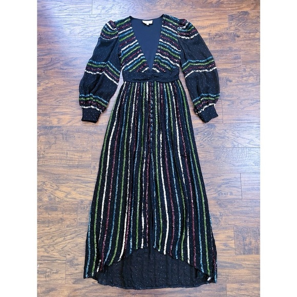 Rococo Sand • Sequin Striped Gown black chiffon rainbow swiss dot balloon sleeve - Picture 2 of 13